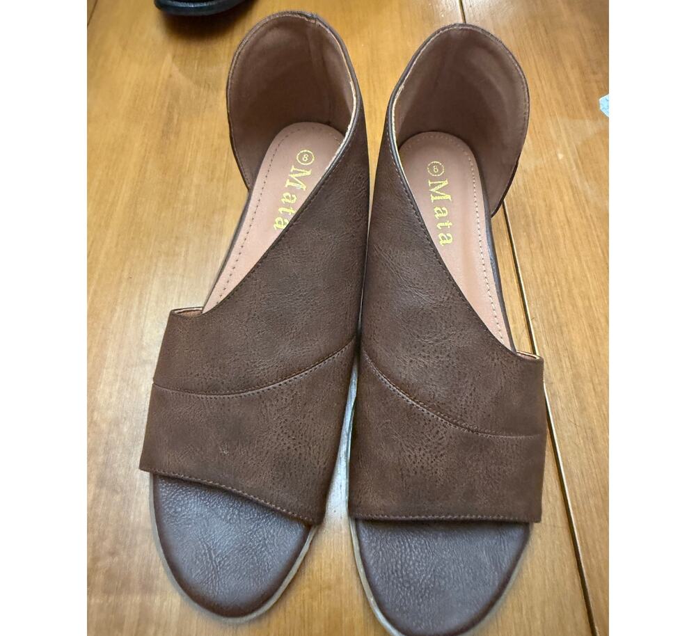 Asymmetrical Cut out peep toe flat sandal D'Orsay style brown 8 boho hippie